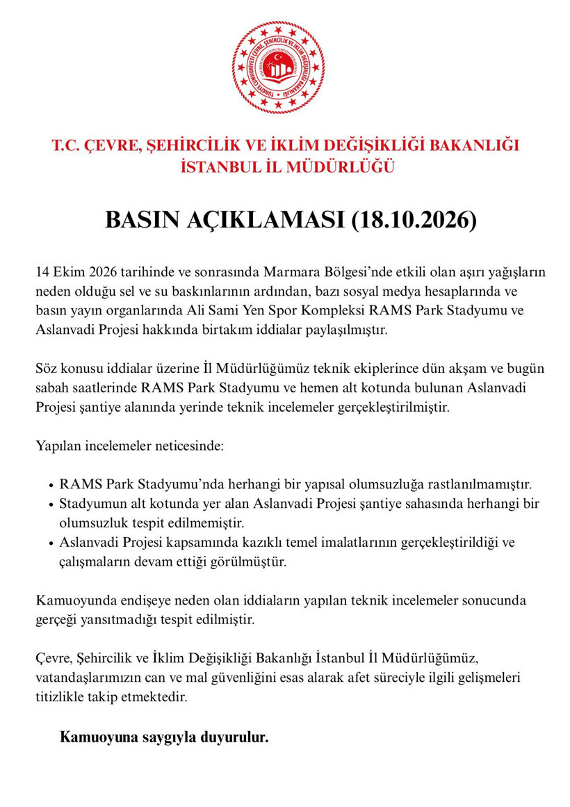 Derbi öncesi RAMS Park’ta toprak kayması endişesi: Bakanlık açıklama yaptı - Resim : 1
